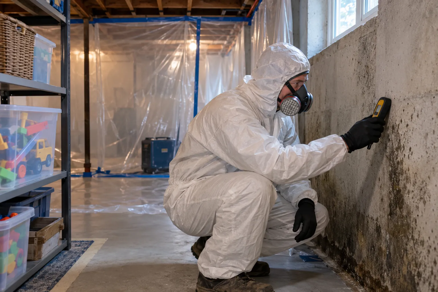 A local provider in protective gear checking a basement wall for mold in a Mount Airy home
