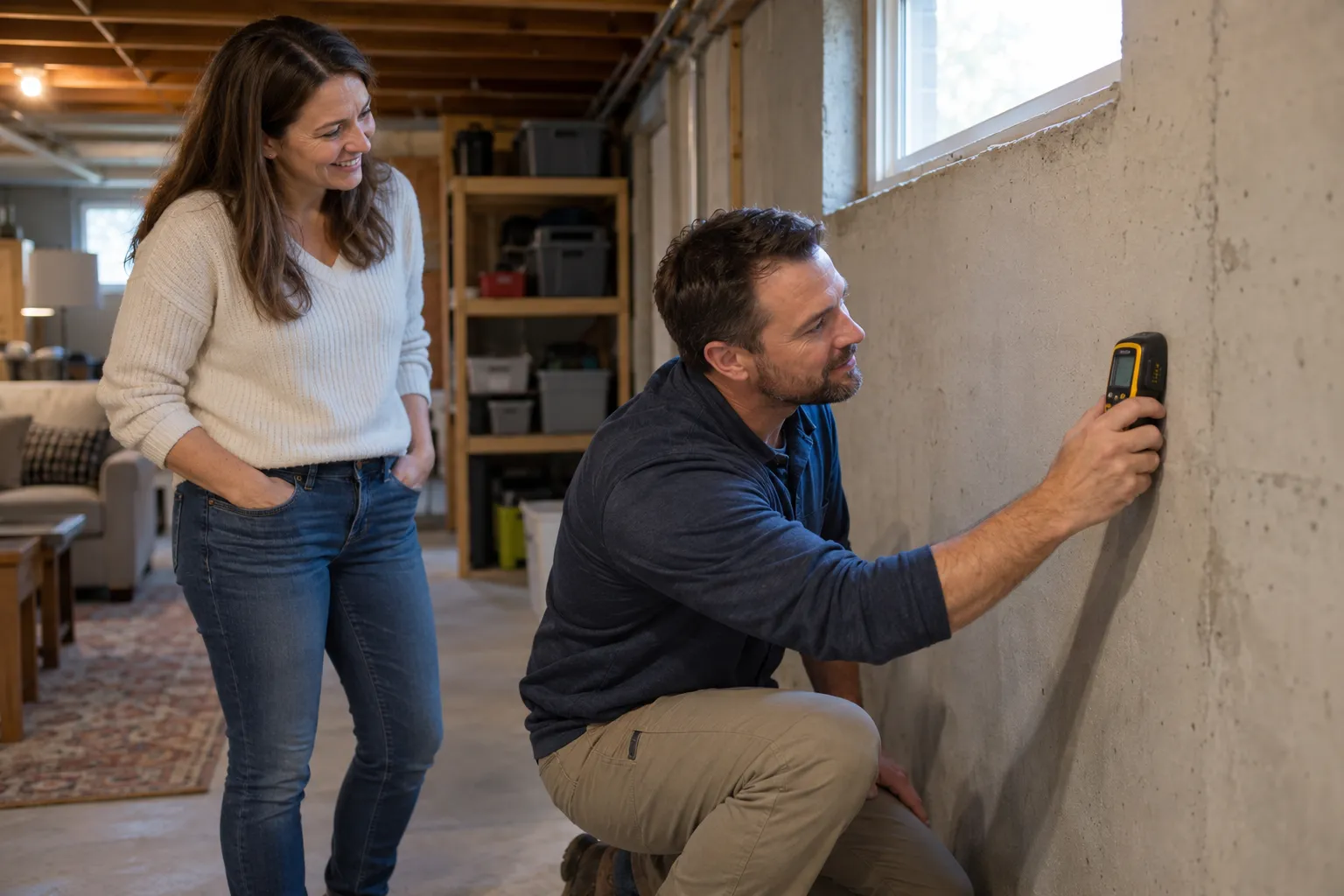 Local mold inspector checking a basement wall with a moisture meter while a homeowner watches in Mount Airy