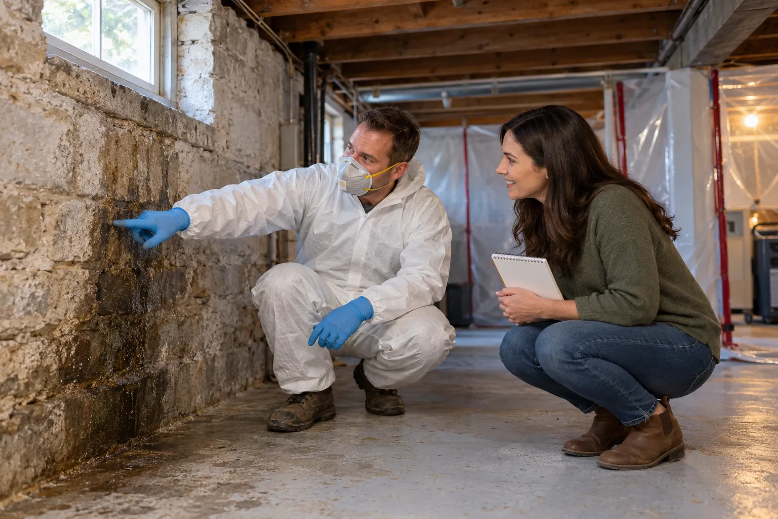 A local provider reviewing a damp basement wall with a homeowner in Mount Airy